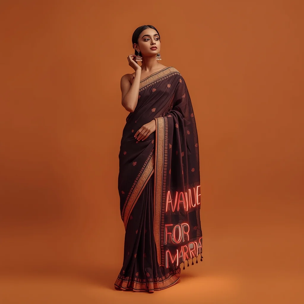 Full Body Warm Amber Studio Adjusting Earrings with Neon Plasma Tube Saree | Gemini Ai Saree Prompt