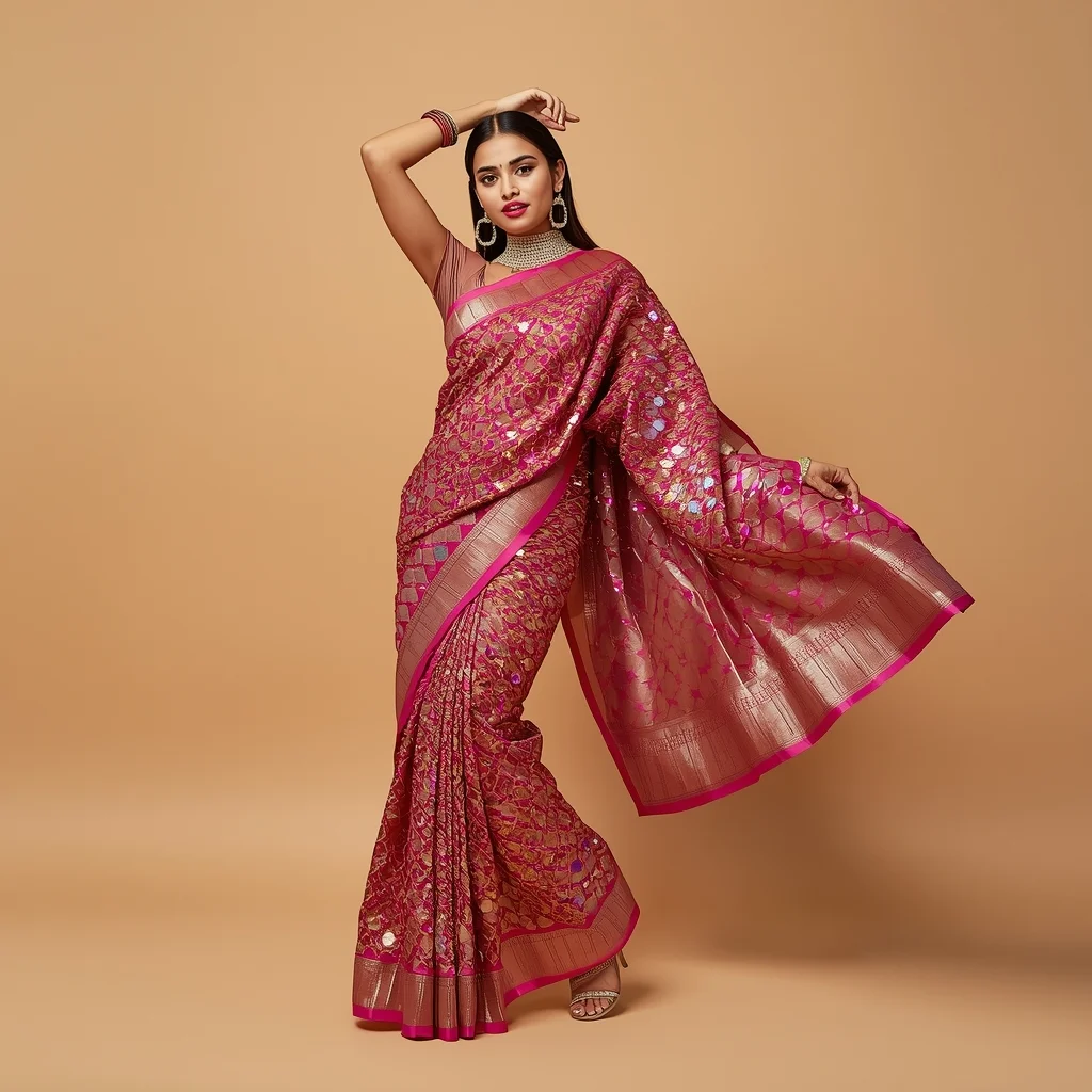 Full Body Warm Champagne Studio Mid-Twirl with Chromatic Dragon-Scale Saree | Gemini Prompt
