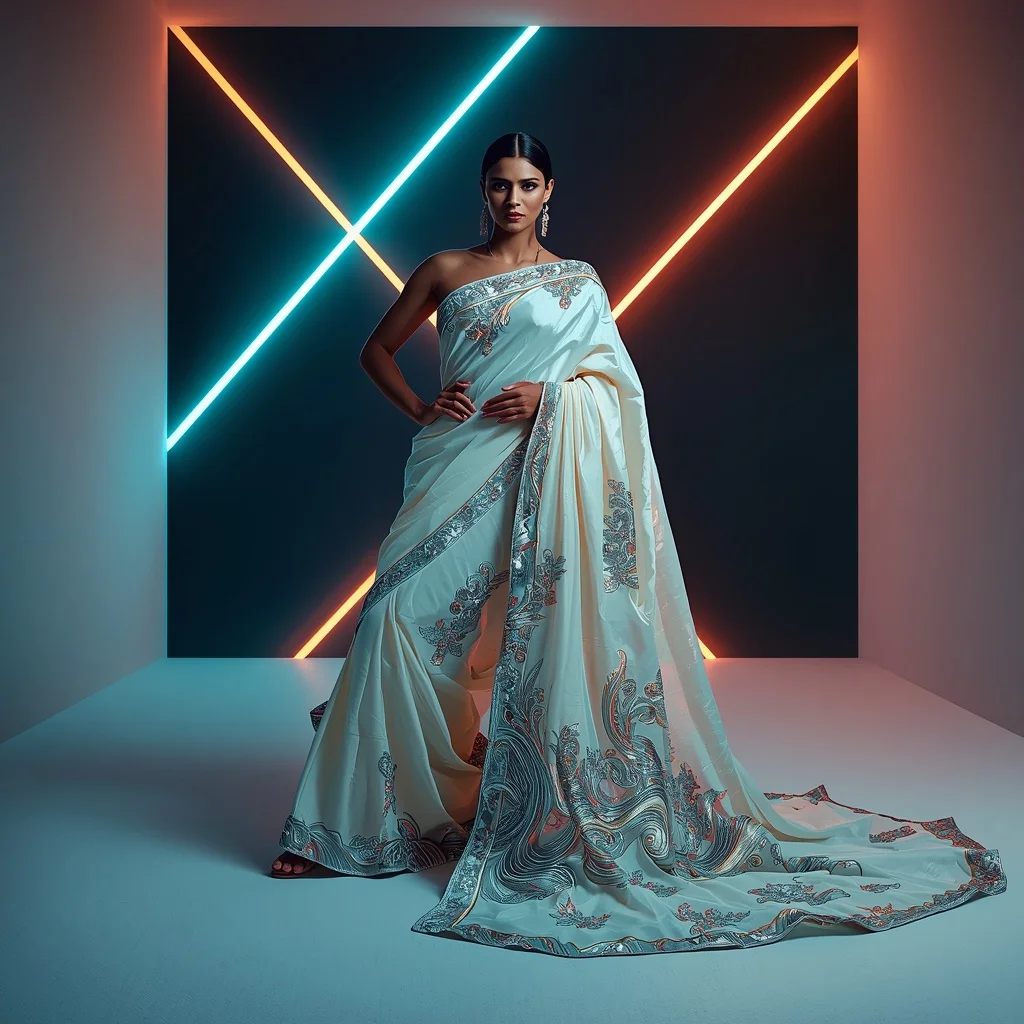 Futuristic 3D Fluid Opal & Silver Wave Saree for Festive Season | Gemini Saree Prompt Photo