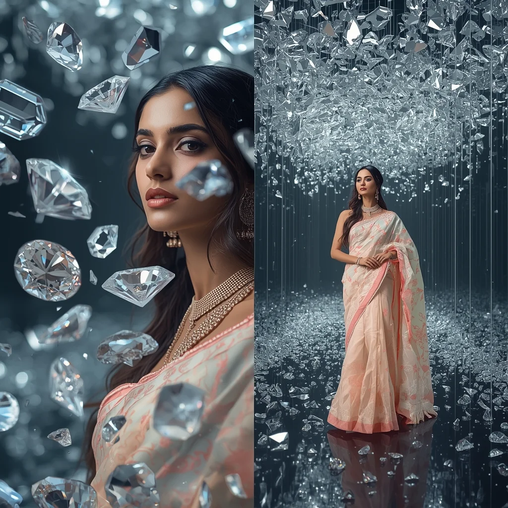 Futuristic Pastel Saree Look Inside A Shattered Diamond Matrix | Gemini Saree Prompt For Instagram