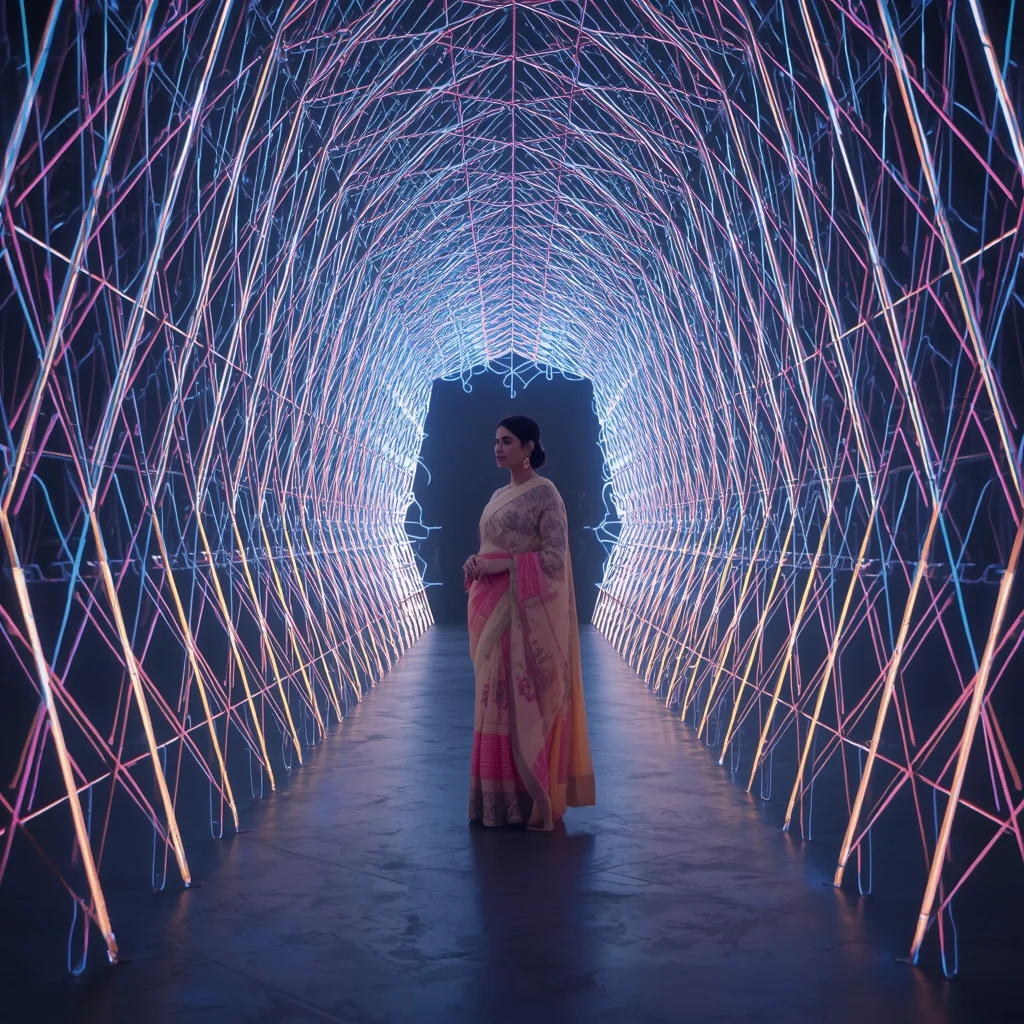 Futuristic Saree Design Intertwined With Glowing Pastel Neon Thread Matrix | Saree Girl Ai Prompt