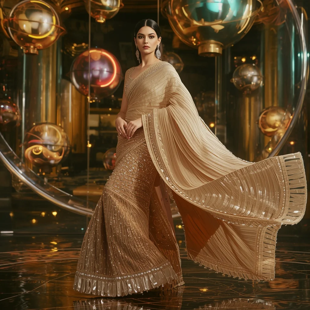 Golden Crystal Aurora Royale Saree with Floating Orbital Neon Domes | 3d Animation Ai Prompt