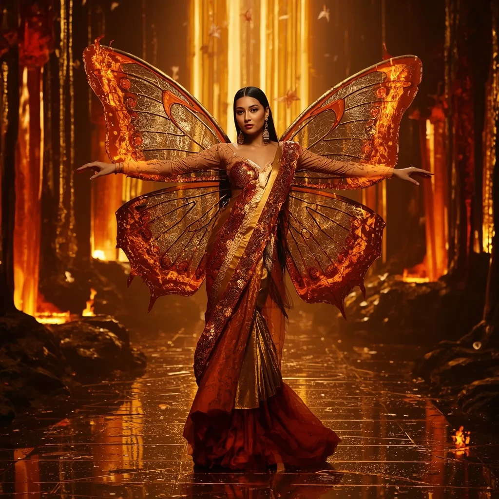 Golden Inferno Butterfly Flame Saree with Multi Pose Fashion Story and Fantasy Lava Palace Background | Modern Design Ai Prompt