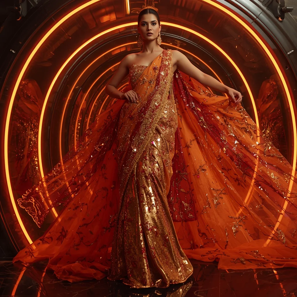 Golden Inferno Royale Saree with Floating Arc Chamber | Saree Photoshoot Ai Prompt
