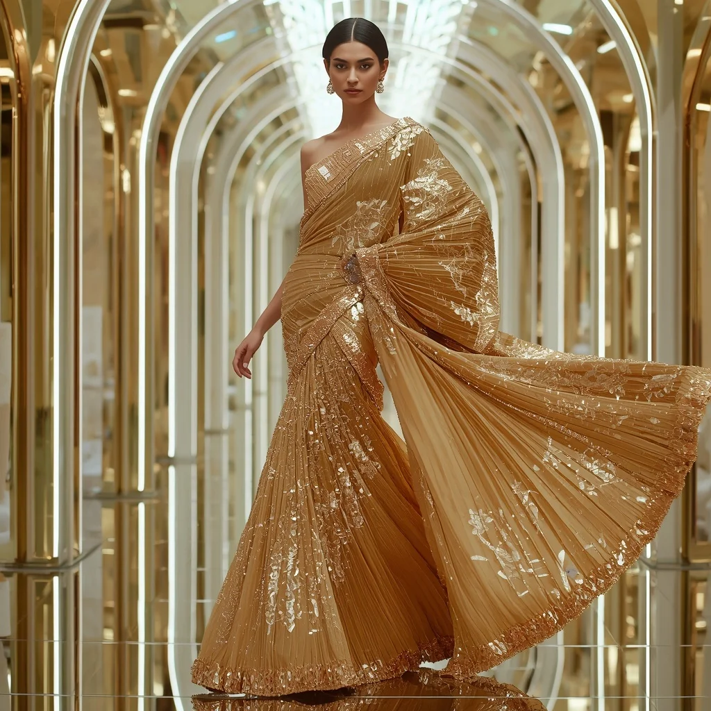 Golden Mirage Crystal Saree with Infinity Reflection Hall | Gemini Ai Photo