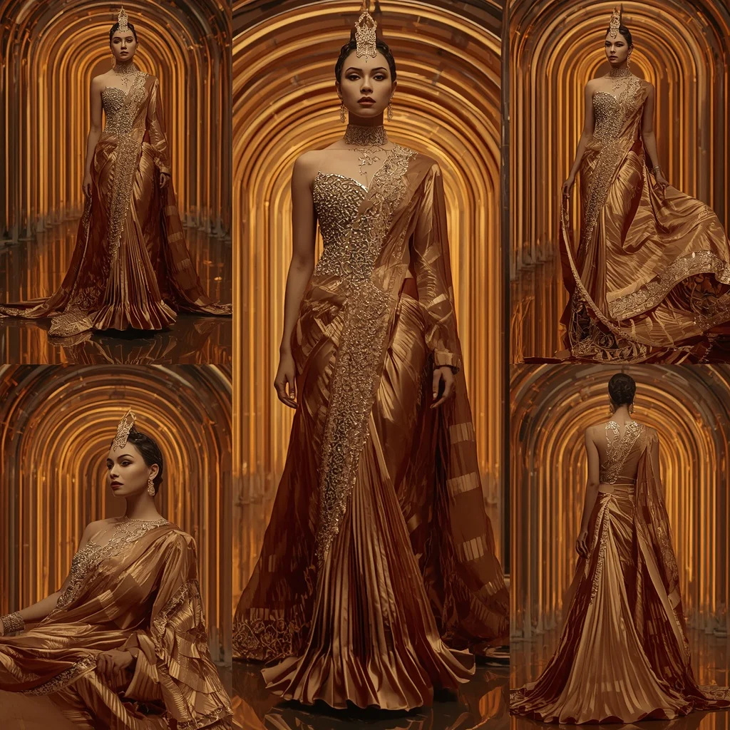 Golden Mirage Empress Saree with Curved Neon Palace | Stable Diffusion Prompt