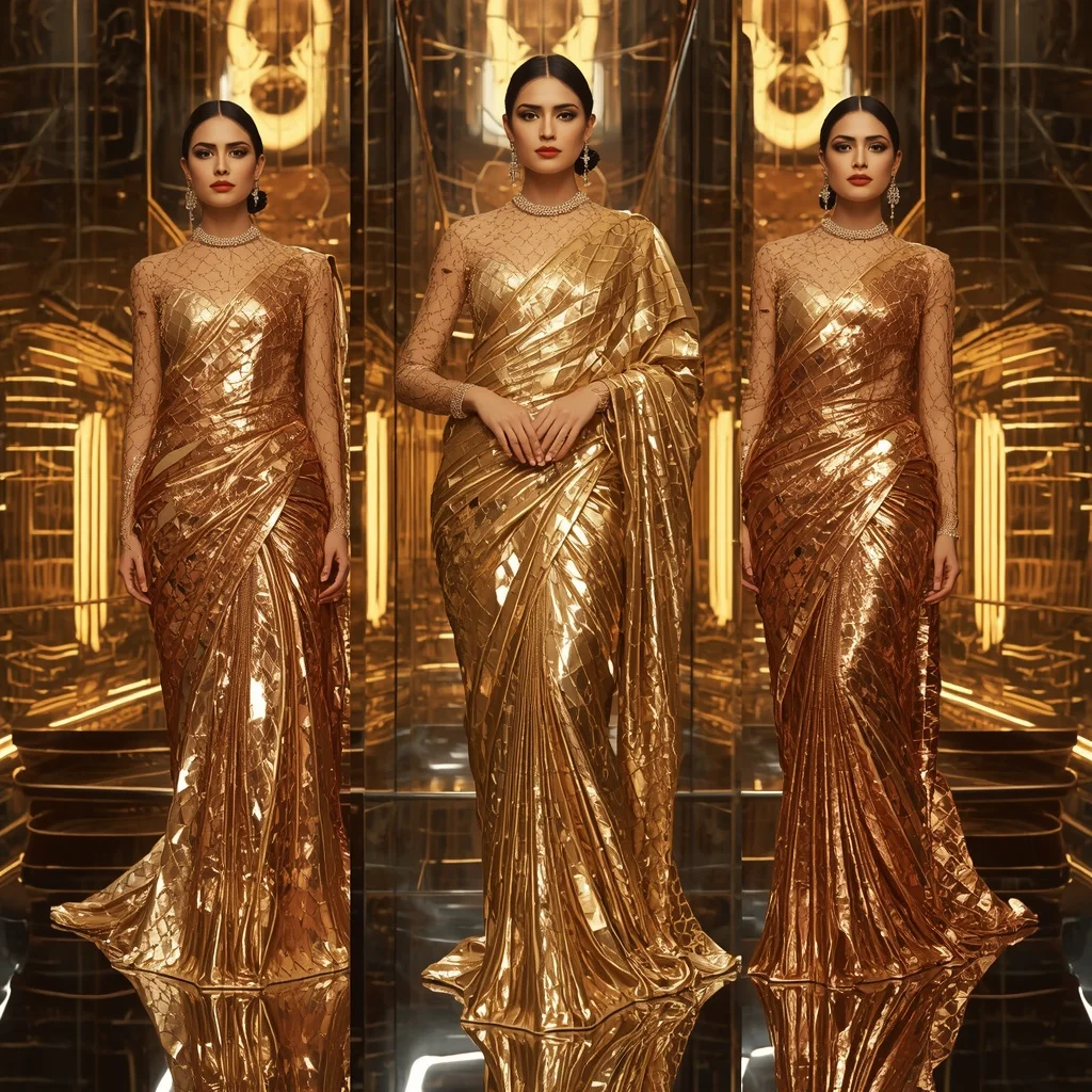 Golden Prism Armor Saree with Futuristic Reflection Palace | Saree Ai Prompt