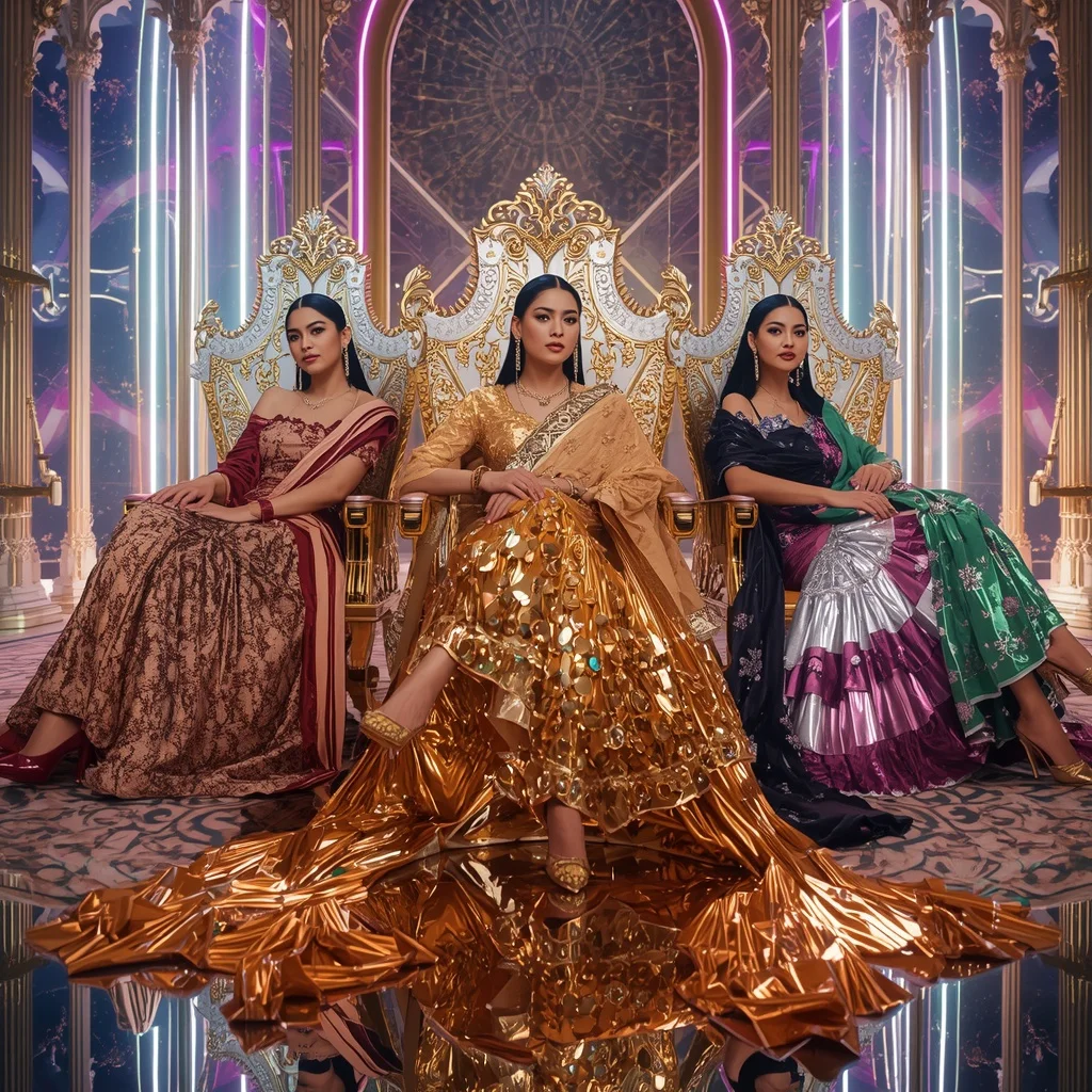 Golden Prism Celestial Infinity Hyperqueen Saree with Luxury Throne Poses and Holographic Neon Crystal Galaxy Hyperverse | Ai Selfie Prompt