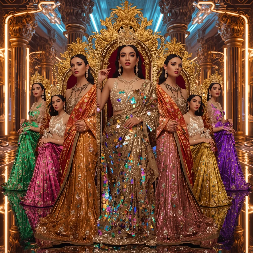 Golden Prism Infinity Empress Saree with Luxury Throne Poses and Holographic Neon Hypercosmos | Easy Ai Prompt