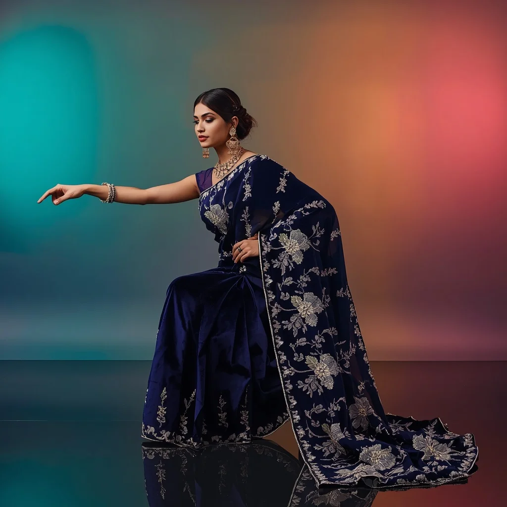 Heavy 3D Solid Silver Ribbon & Velvet Festival Saree Look | Beautiful Saree Girl Ai Prompt