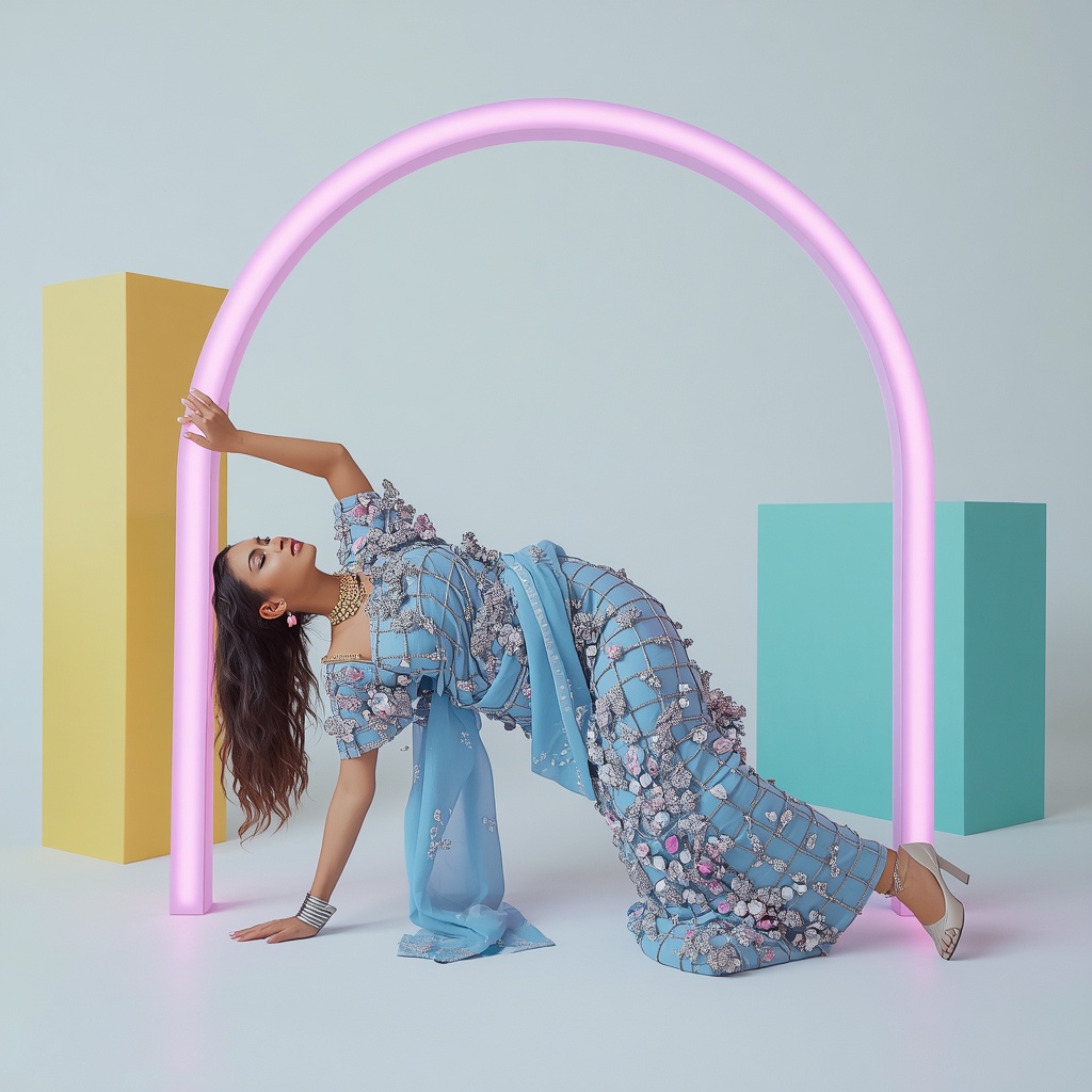 Heavy Gemstone Cluster & Thick Metallic Wire Cage Pastel Blue Saree | Sideways Neon Arch Lean Pose | Beautiful Saree Girl Ai Prompt