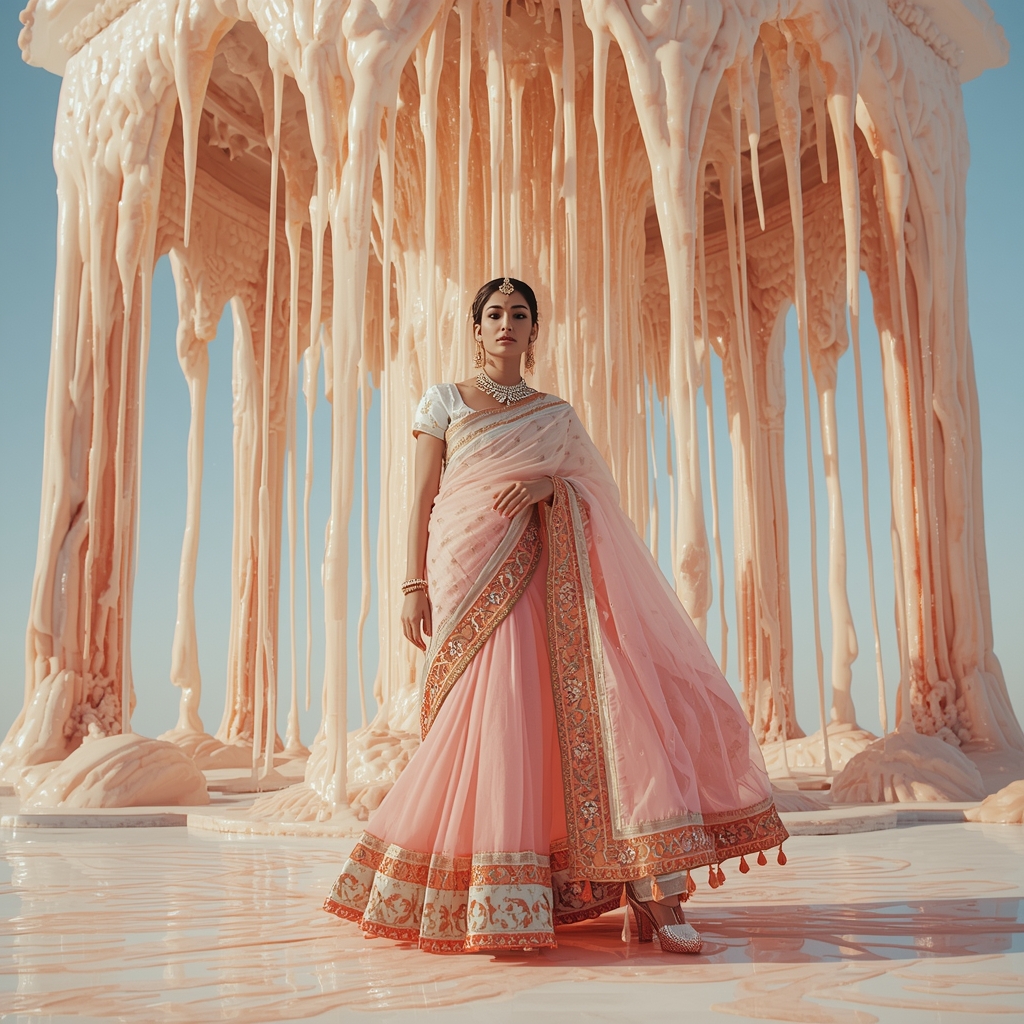 High Fashion Pastel Saree Design With Dripping Molten Pearl Accents | Saree Look Ai Prompt Modern Style