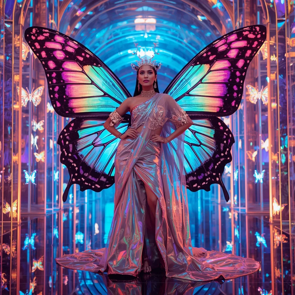 Holographic Butterfly Queen Saree with Neon Dream Palace Background | Instagram Profile Pic Ai Prompt