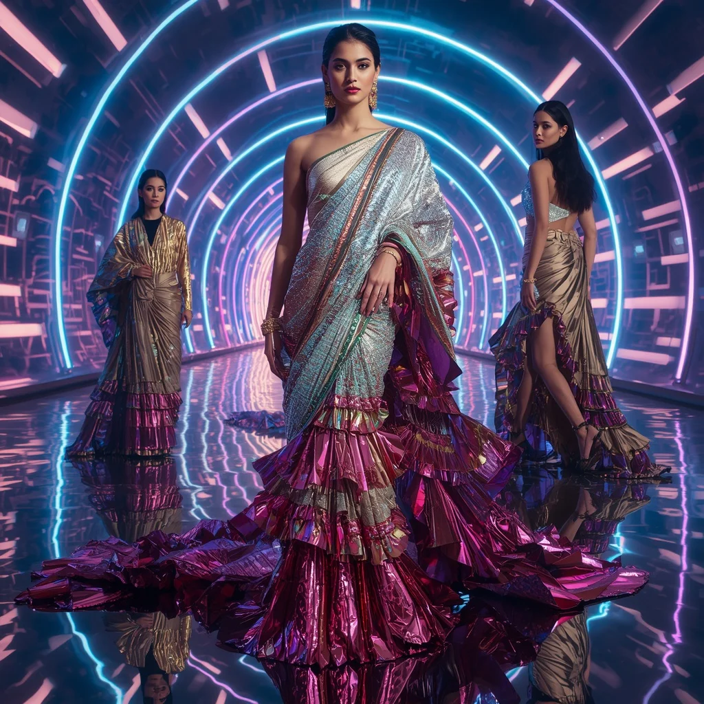 Holographic Dynasty Saree with RGB Infinity Temple | Gemini Ai Saree Prompt