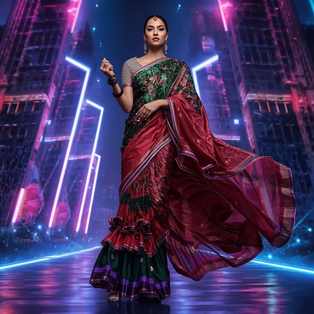 Infinity Royale Celestial Mirage Saree with Dynamic Neon Skyline Towers | Ai Prompt