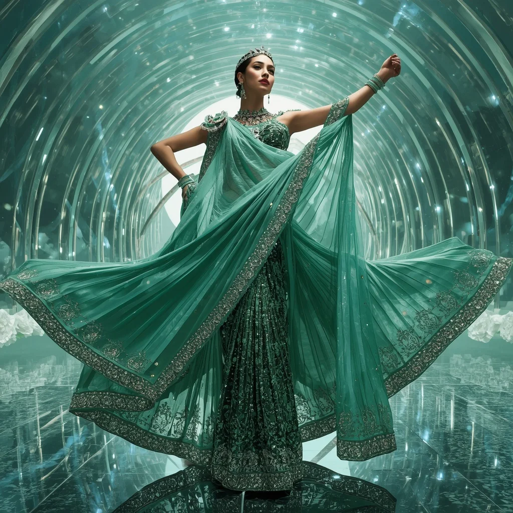 Jade Aurora Crown Saree with Crystal Ribbon Imperial Empire | Chatgpt Prompt