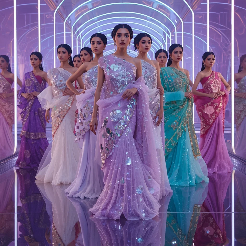 Lavender Moonlight Celestial Queen Saree with Floating Glamour Poses and Neon Reflection Infinity Citadel | Instagram Reel Ai Prompt