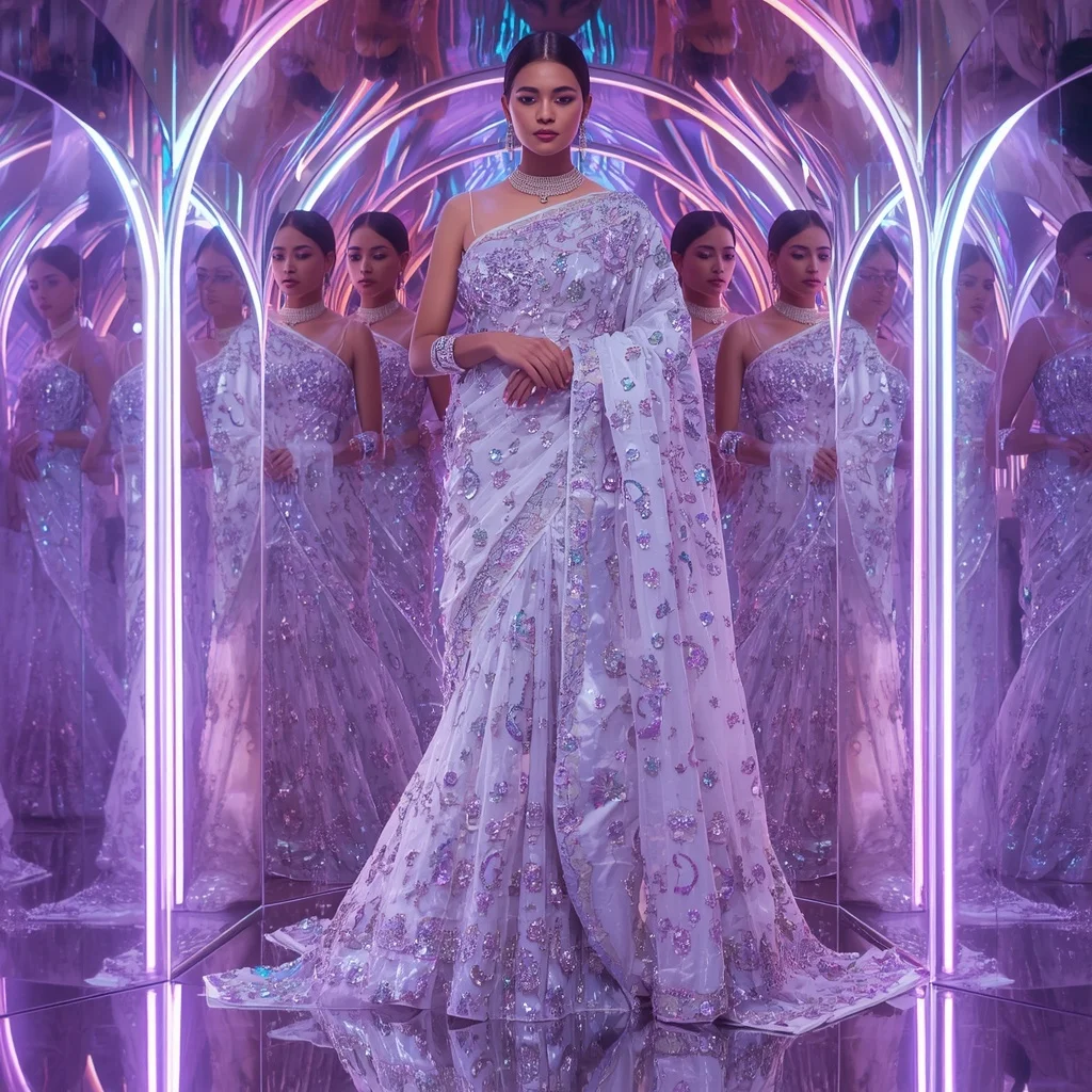 Lavender Moonlight Infinity Hypergoddess Saree with Floating Glamour Poses and Neon Reflection Infinity Hyperrealm | Desi Girl Ai Prompt