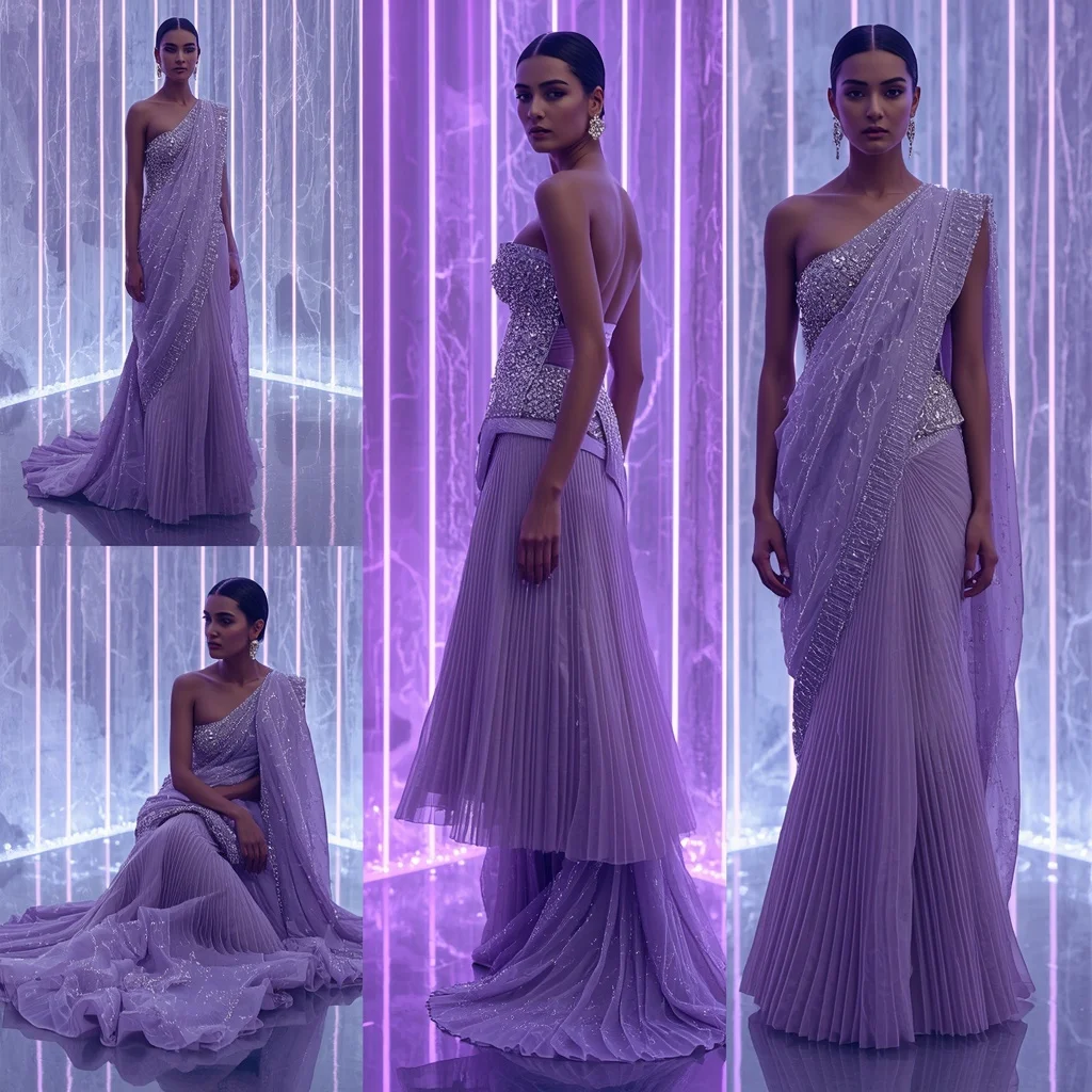 Lavender Voltage Saree with Crystal Light Chamber | Image To Prompt