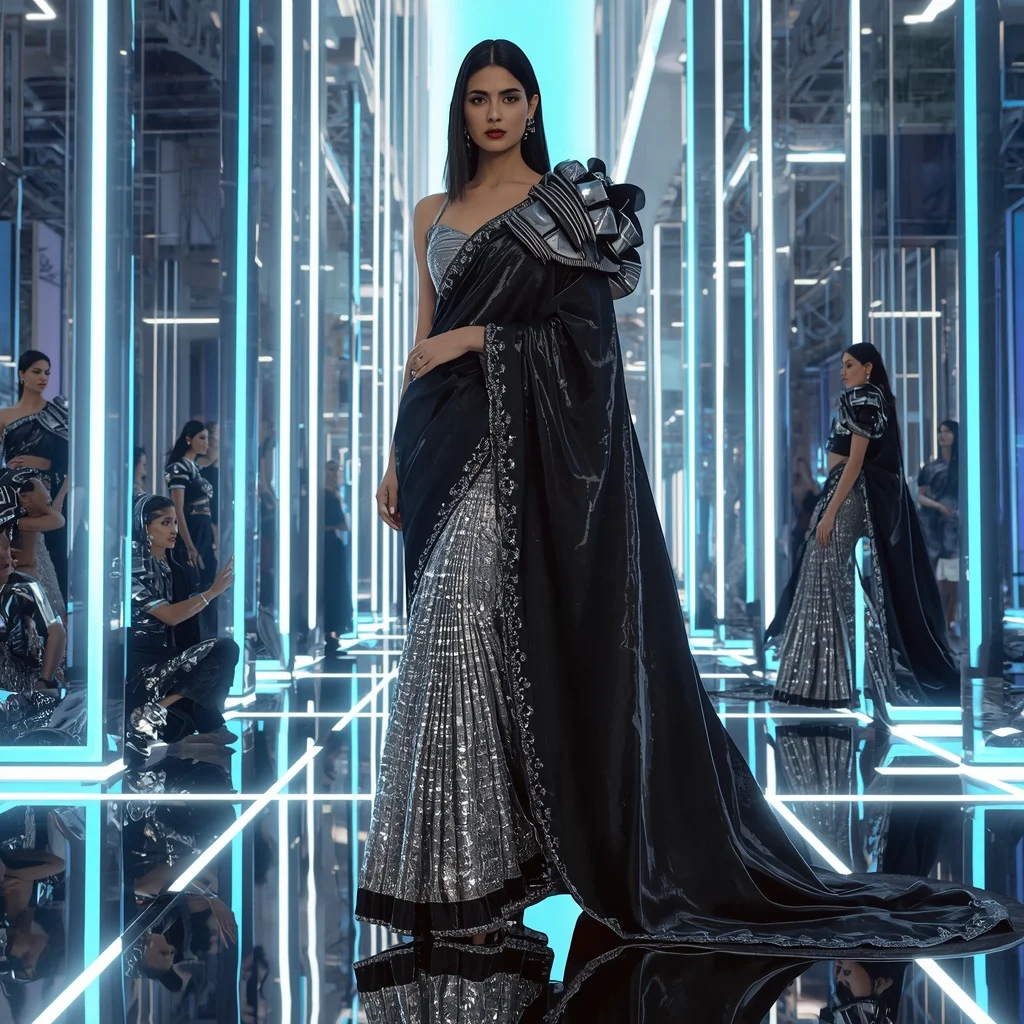 Liquid Mercury Royale Saree with Floating Chrome Architecture | Instagram Influencer Ai Prompt