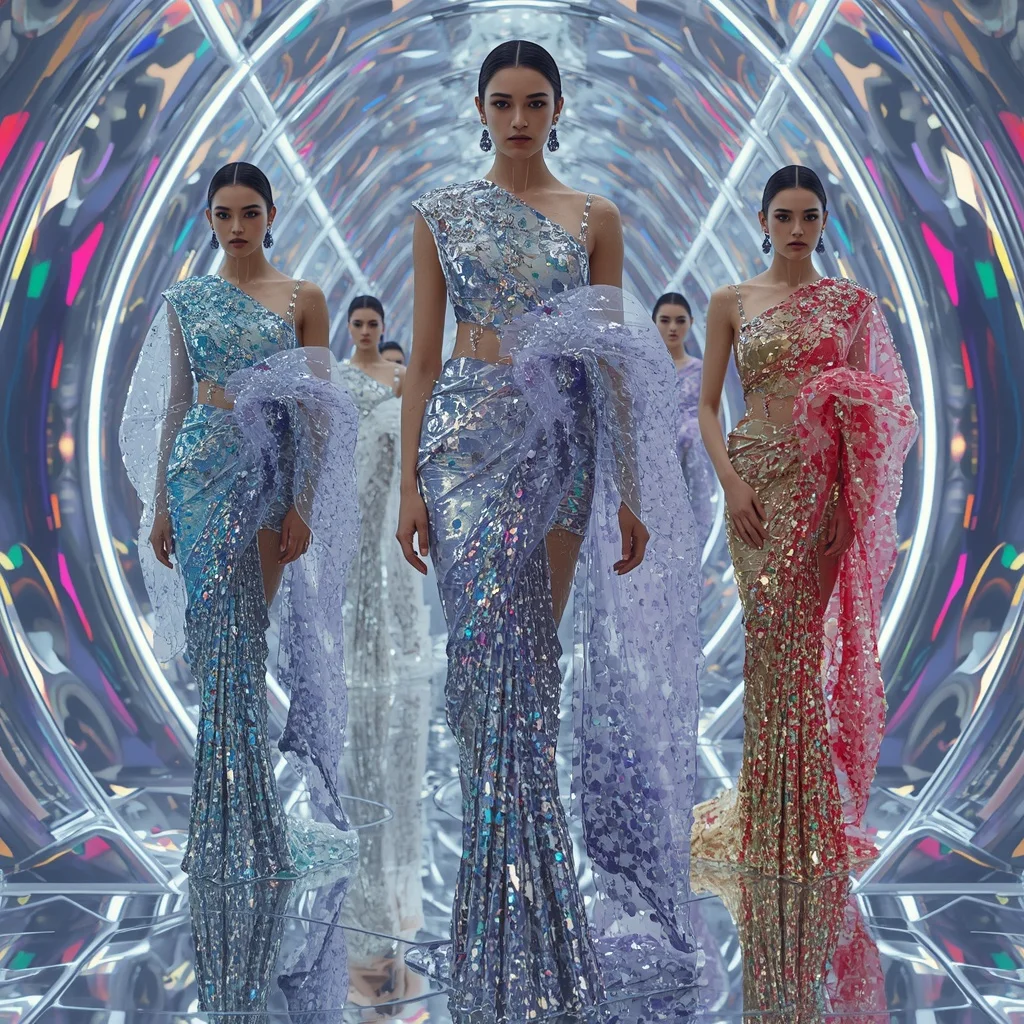Liquid Silver Celestial Hyperqueen Saree with Reflective Fashion Silhouettes and Holographic Crystal Quantum Hyperrealm | Attitude Ai Prompt