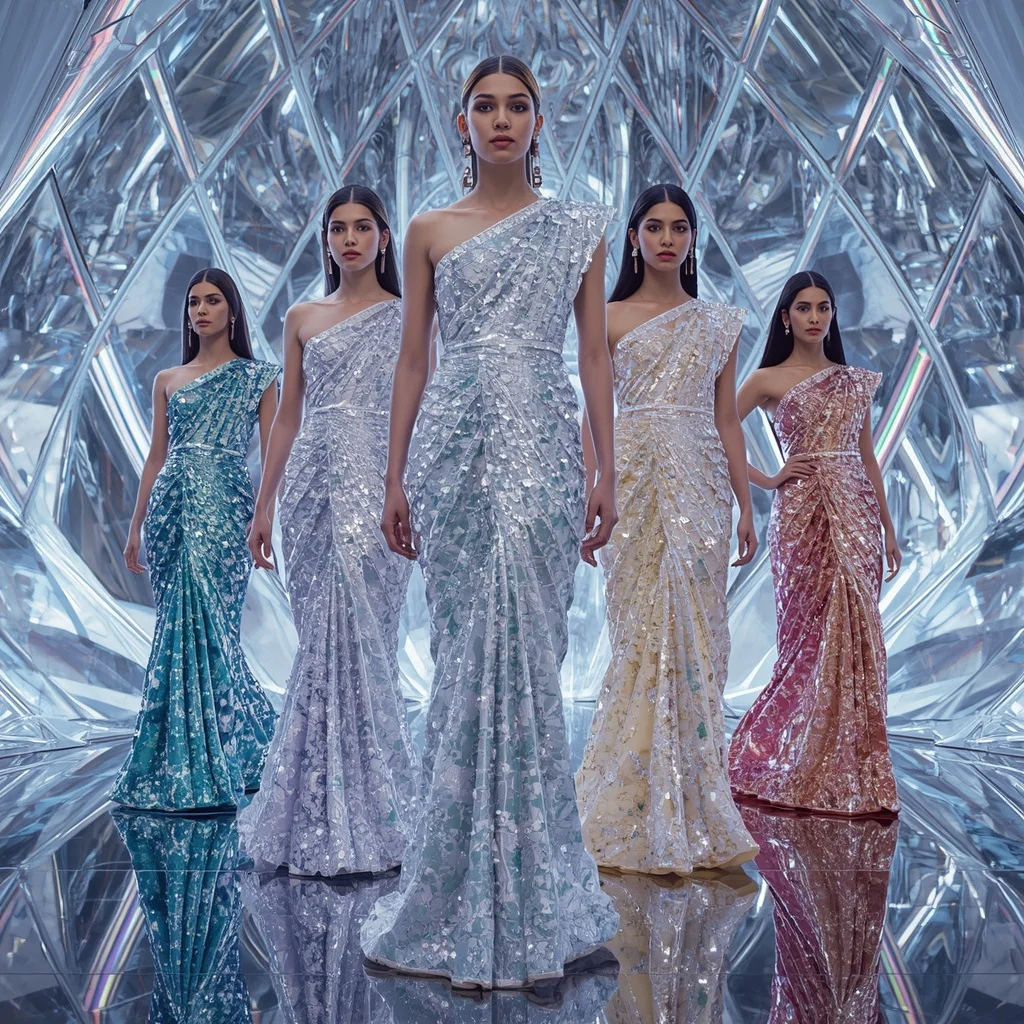 Liquid Silver Celestial Infinity Hyperqueen Saree with Reflective Fashion Silhouettes and Holographic Crystal Mirror Hyperdome | Image To Prompt