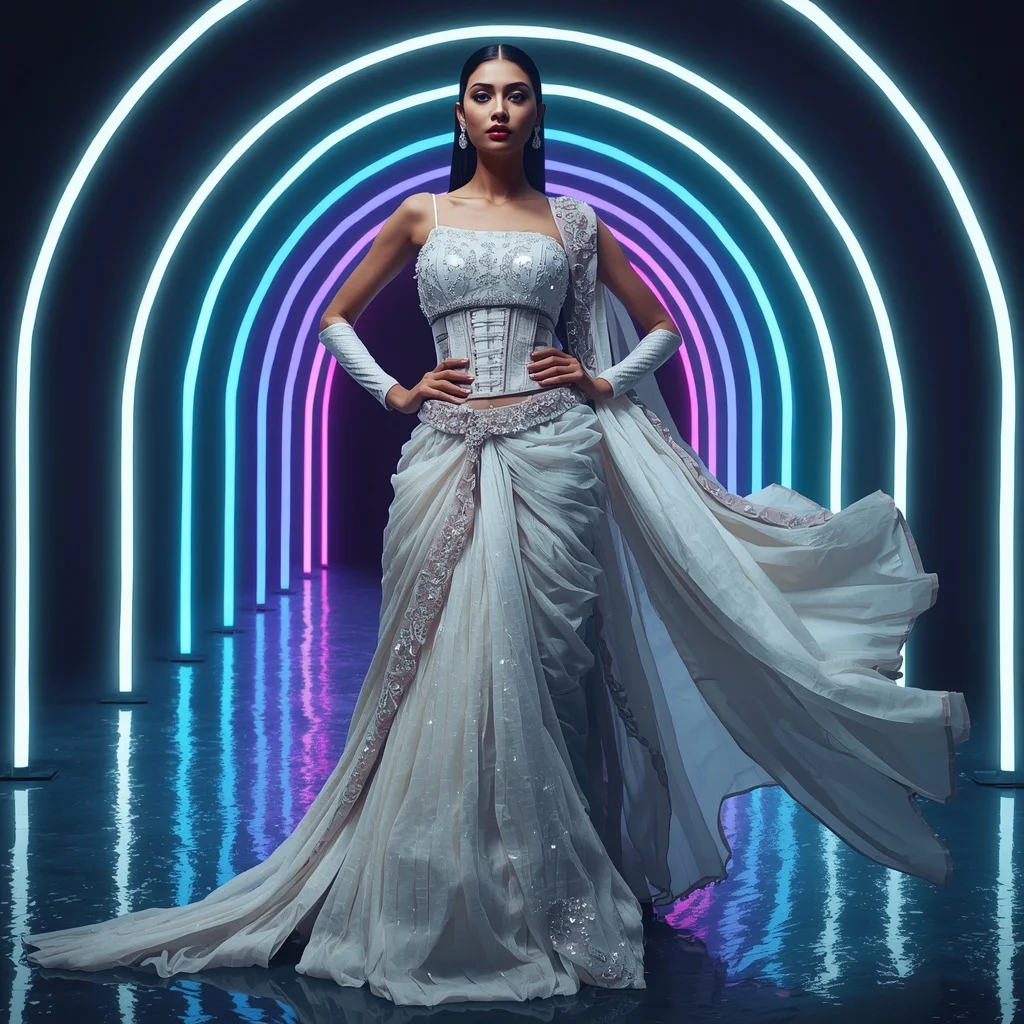 Lunar Prism Royale Saree with Neon Arc Empire | Indian Saree Ai Prompt