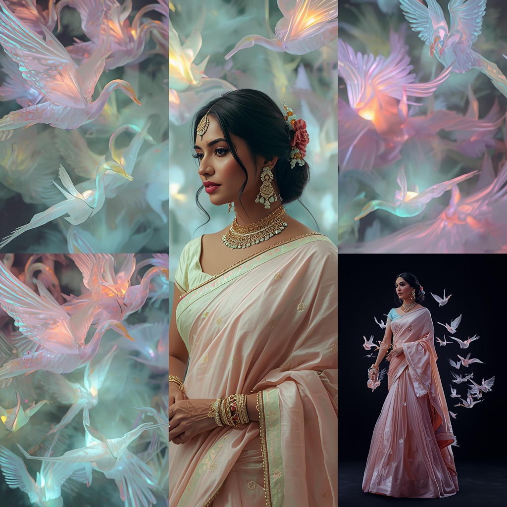 Luxury Indian Saree Portrait Surrounded By Levitating Glass Origami Swans | Ai Gemini Saree Prompt