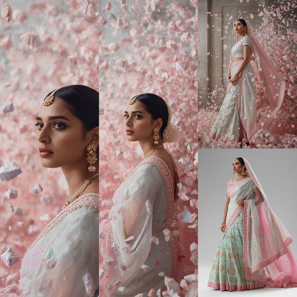 Majestic Pastel Saree Design Surrounded By Suspended Lunar Fragments | Saree Aesthetic Ai Prompt For Pinterest