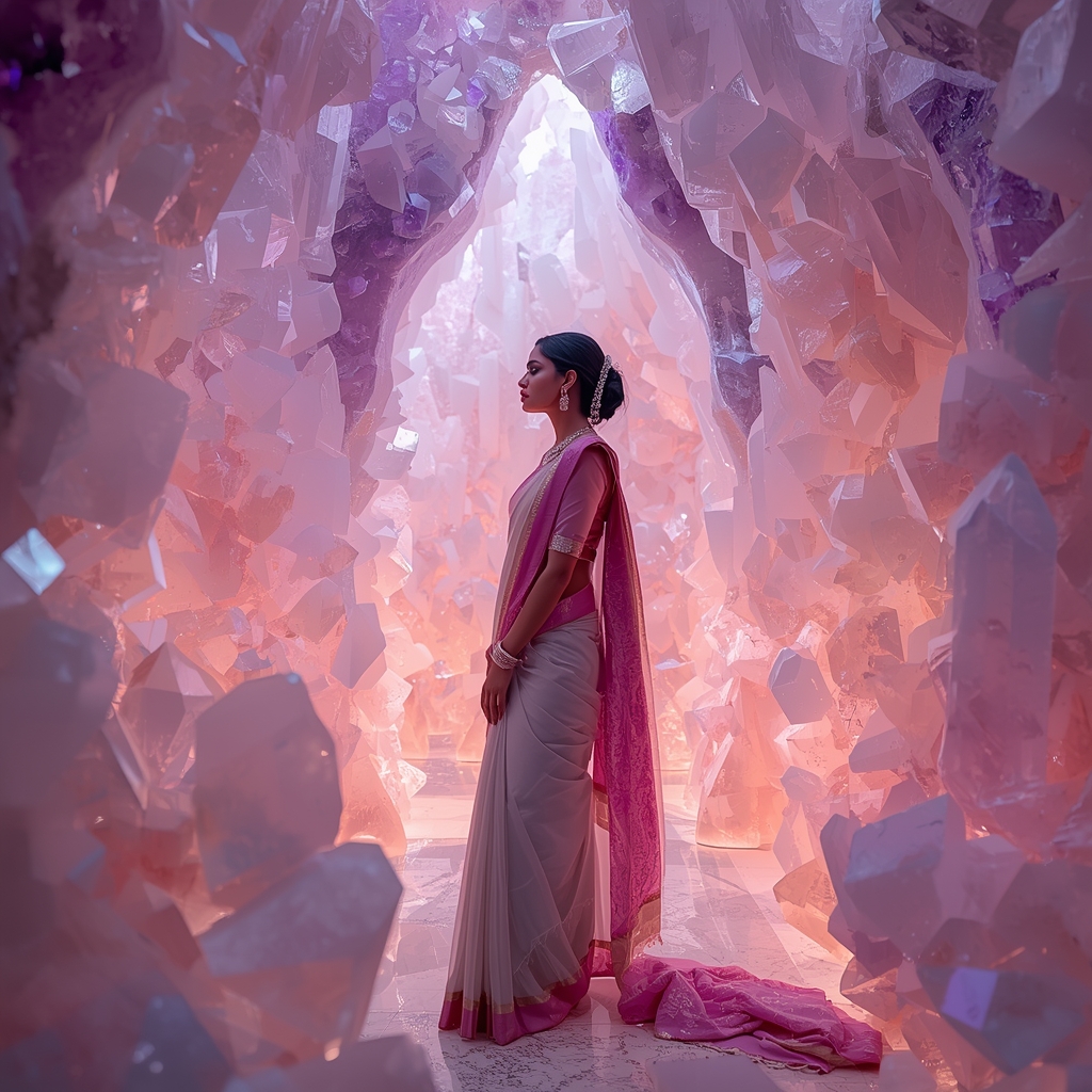 Majestic Pastel Saree Look Inside A Glowing Amethyst Crystal Cavern | Bridal Saree Ai Prompt For Instagram Reel