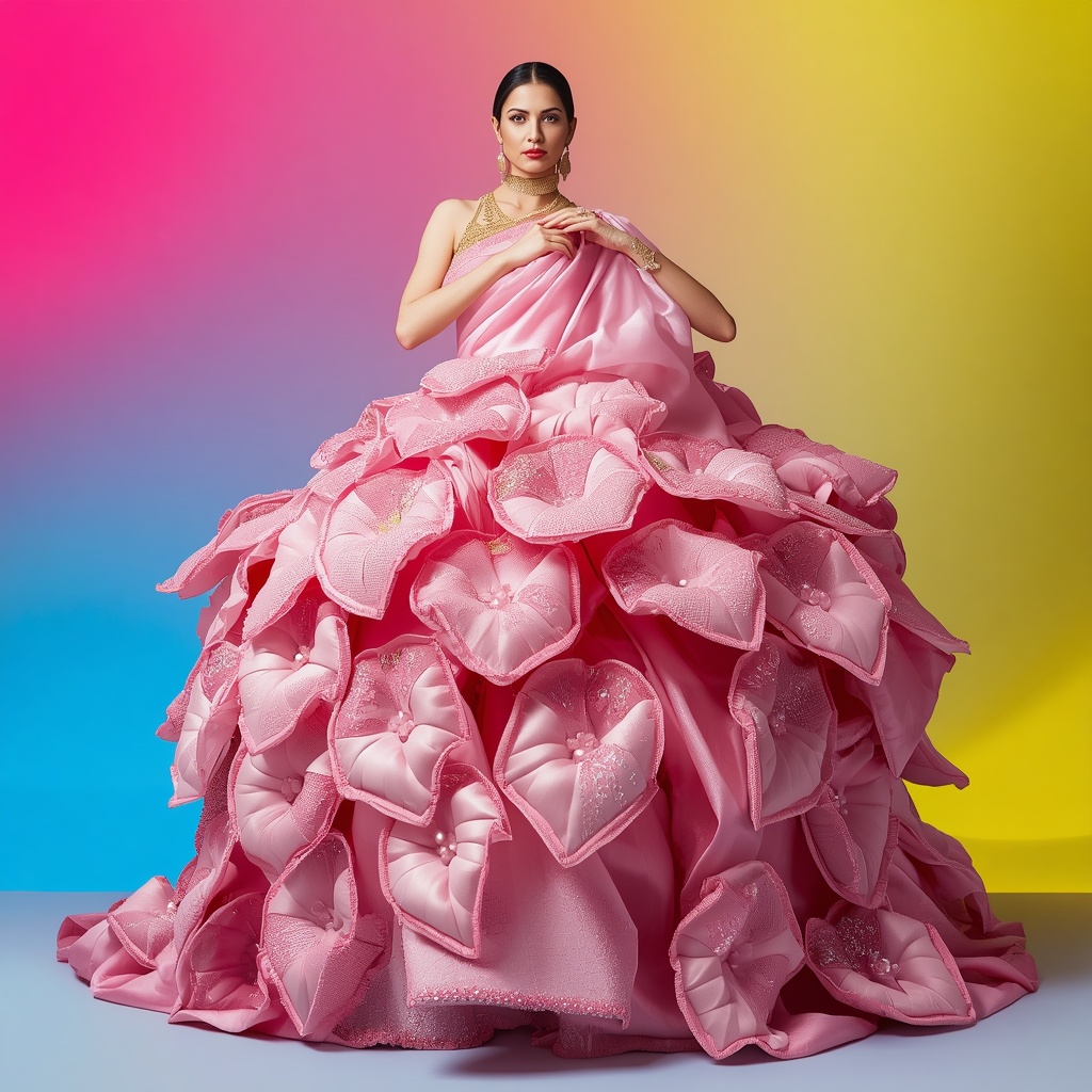 Massive 3D Frosted Glass Petal Sculpted Heavy Silk Saree Regal Stance | Ai Image Generator Prompt