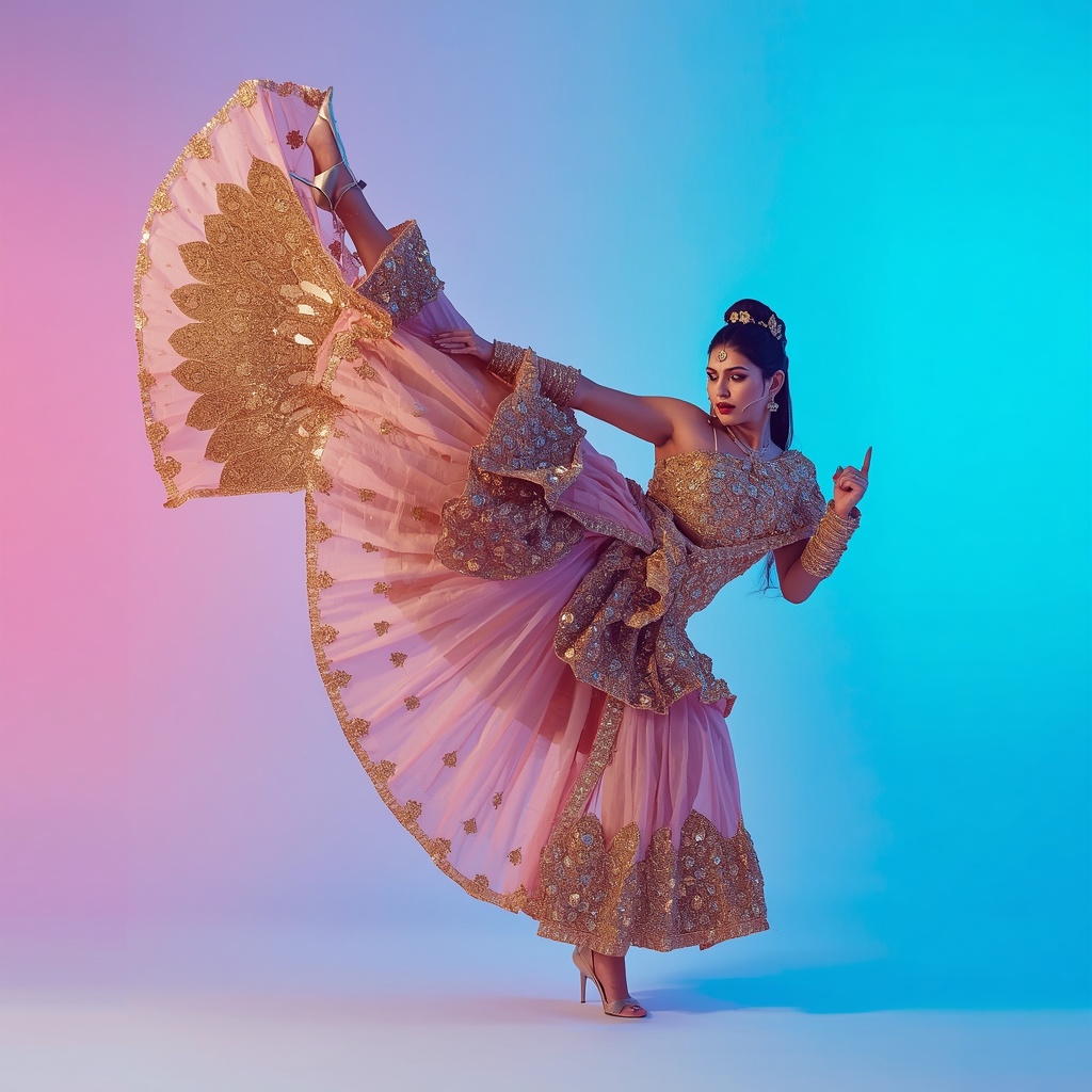 Massive 3D Metallic Peacock & Thick Sequin Crust Pastel Pink Saree | Mid-Air High Fashion Kick Pose | Beautiful Saree Girl Ai Prompt Cinematic