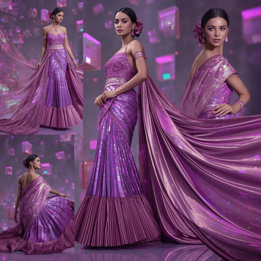 Metallic Orchid Dream Saree with Floating Prism Cubes | Profile Picture Ai Prompt