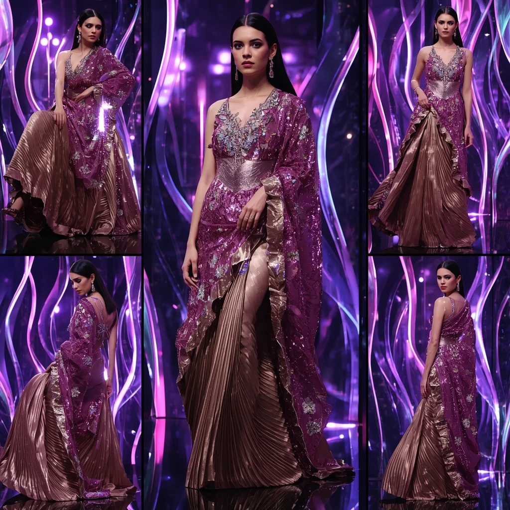 Metallic Orchid Saree with Digital Wave Walls | Ai Video Generator Prompt