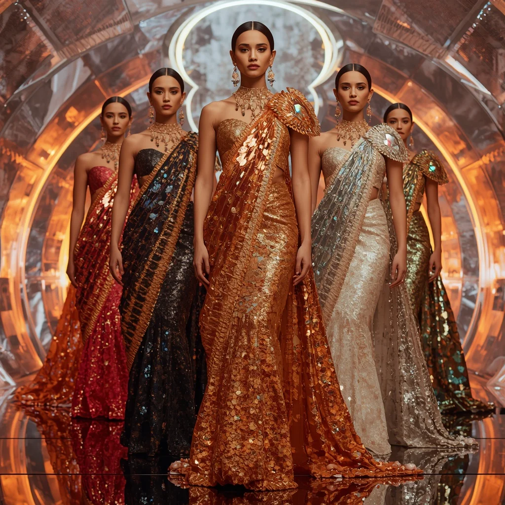 Metallic Phoenix Infinity Goddess Saree with Reflective Editorial Poses and Futuristic Crystal Hyperrealm | Character Design Ai Prompt