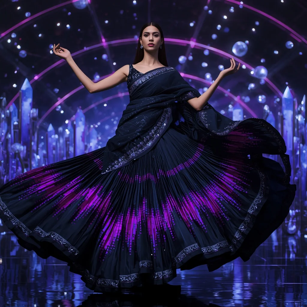 Midnight Aurora Infinity Saree with Floating Crystal Orbit Bridges | Viral Instagram Ai Prompt