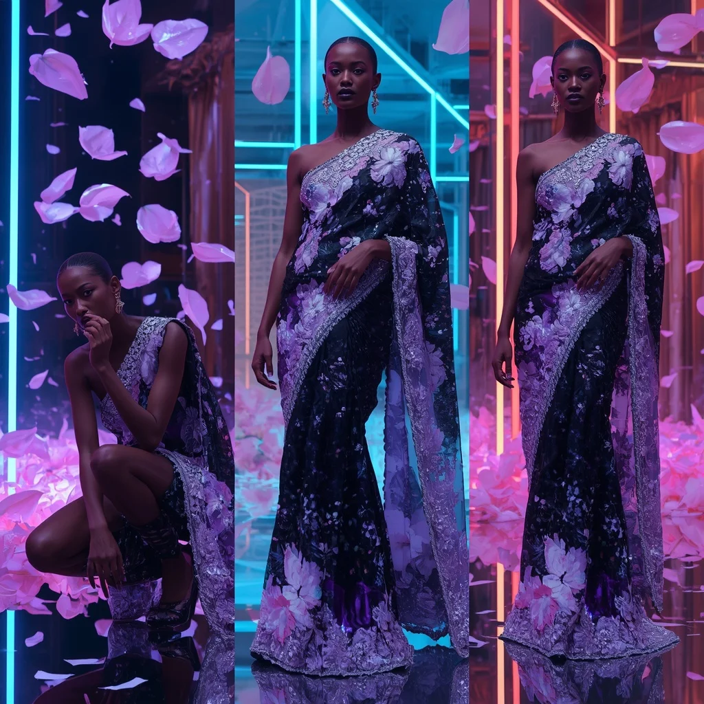 Midnight Bloom Saree with Floating Neon Petals | Saree Girl Dp Ai Prompt Ultra Hd