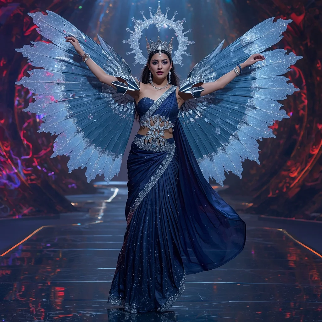 Midnight Frost Crown Saree with Quantum Flame Imperial Sanctum | Hd Image Prompt