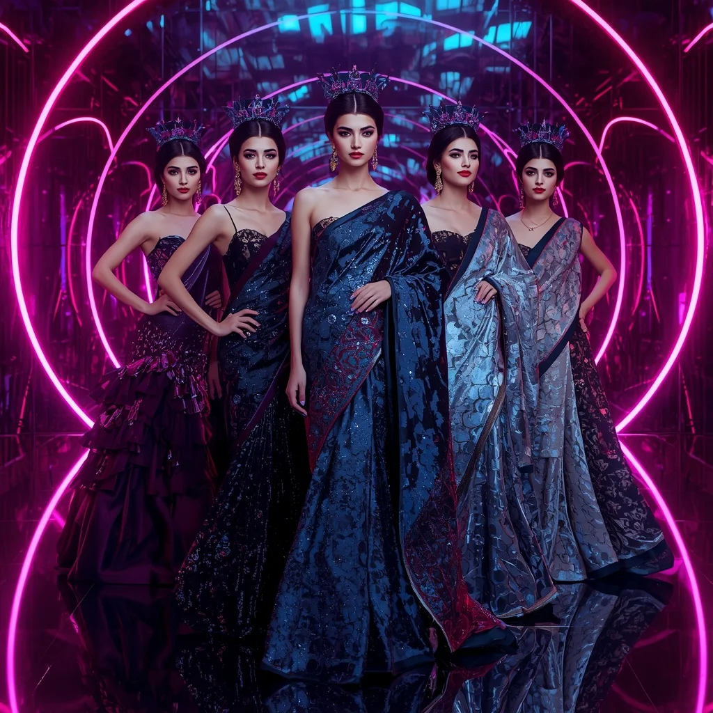 Midnight Galaxy Crown Saree with Neon Orbit Cathedral | Saree Ai Prompt Copy Paste For Gemini