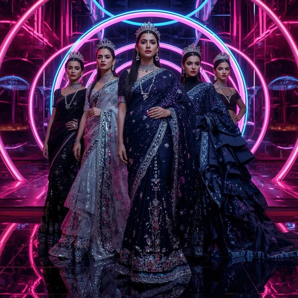 Midnight Galaxy Crown Saree with Neon Orbit Temple | Saree Whatsapp Dp Ai Prompt