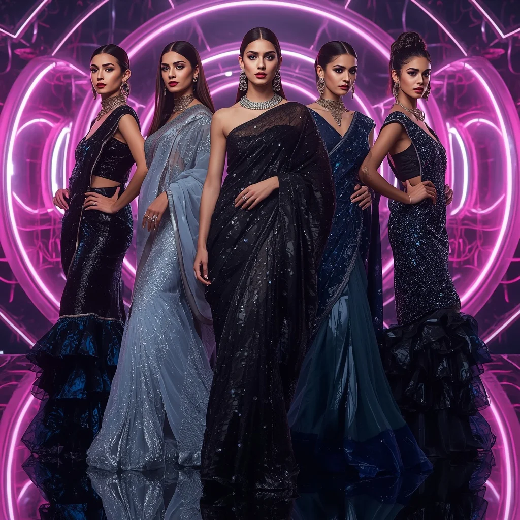 Midnight Galaxy Prism Saree with Neon Orbit Arena | Bridal Saree Ai Prompt For Instagram Reel