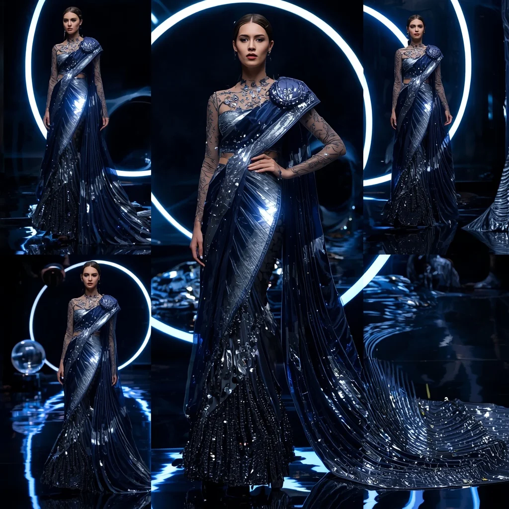 Midnight Galaxy Saree with Cosmic LED Rings | Style Ai Prompt
