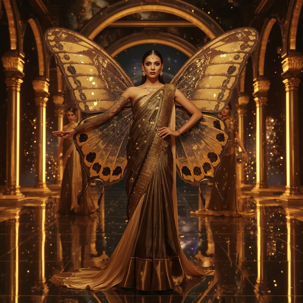 Midnight Gold Butterfly Galaxy Saree with Multiple Cinematic Poses and Cosmic Palace Background | ChatGPT Ai Prompt