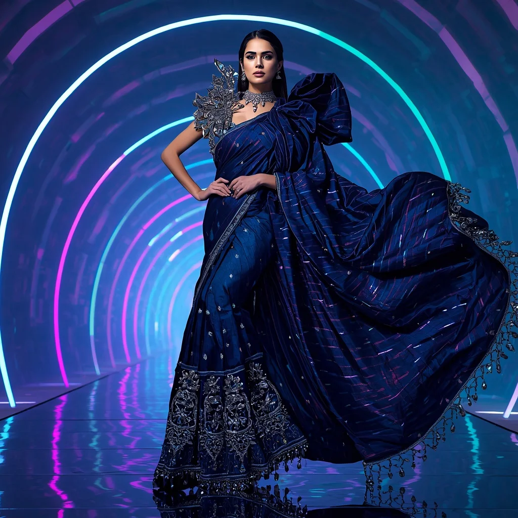 Midnight Prism Luxe Saree with Floating Hologram Arches | Saree Prompt Text To Image