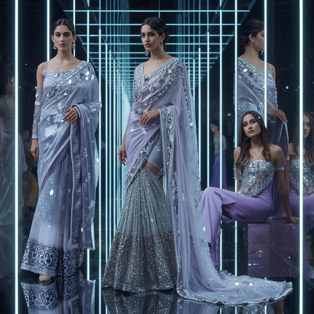 Moon Prism Metallic Saree with Infinity Reflection Corridor | Ideogram Ai Prompt