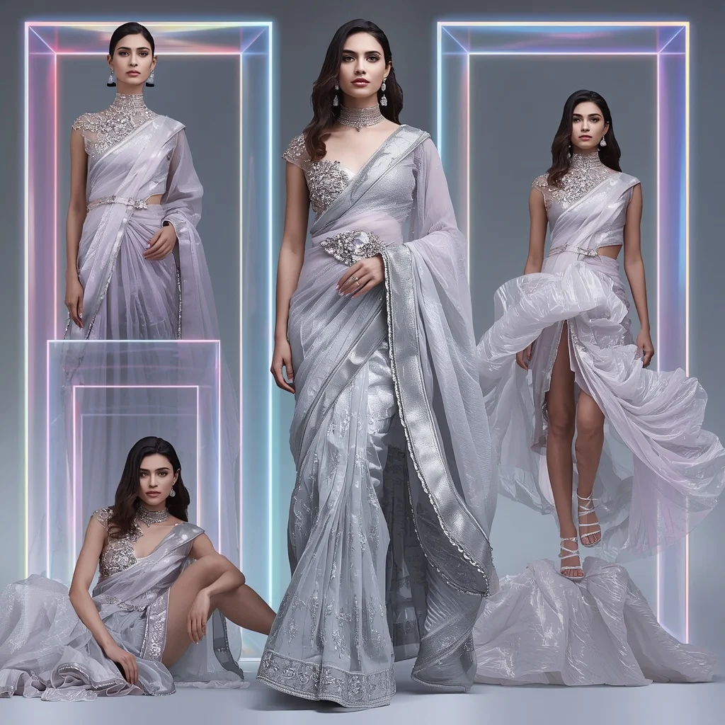 Moonlight Prism Saree with Holographic Crystal Frames | Girl Photo Prompt Gemini