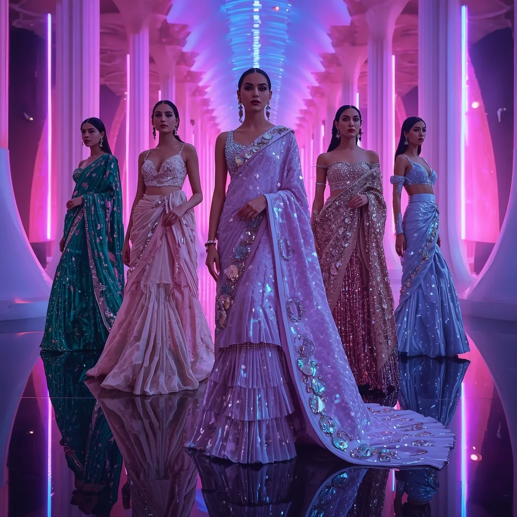 Mystic Crystal Empress Saree with Floating Neon Kingdom | Desi Saree Ai Prompt