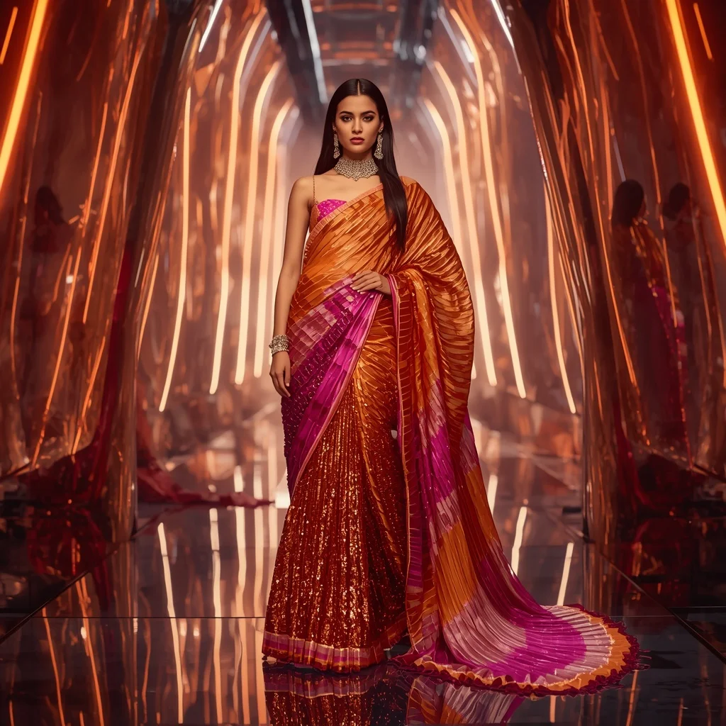 Mystic Ember Fantasy Saree with Curved Reflection Temple | Ai Selfie Prompt