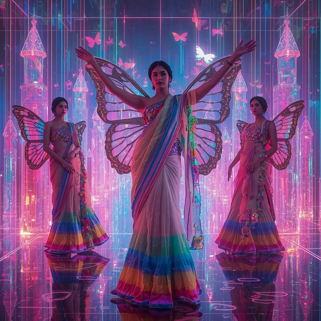 Neon Prism Butterfly Mirage Saree with Multiple Fashion Poses and Rainbow Laser Palace Background | Motivation Ai Prompt
