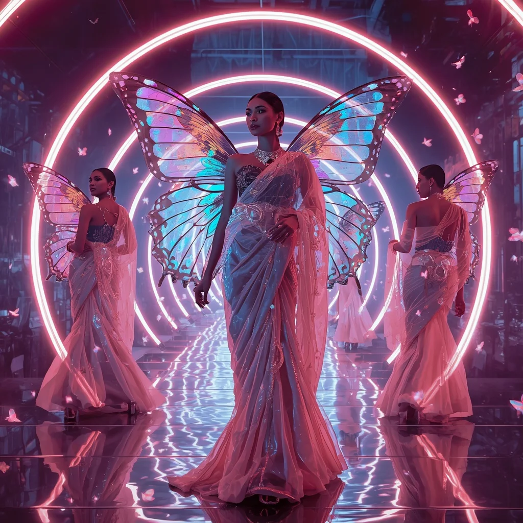 Neon Prism Butterfly Saree Couture – Futuristic Multi-Pose Fashion Editorial with Cyber Fantasy Background | Instagram Girl Gemini Prompt